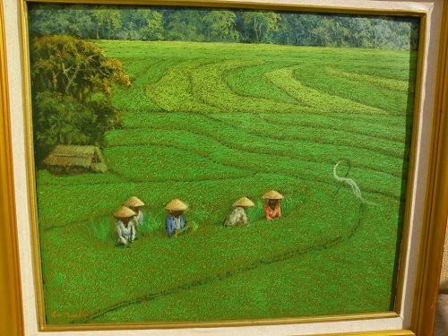 SRI MARTHA (1941-) contemporary Indonesian art colorful impressionist landscape painting of emerald green rice paddies by noted artist