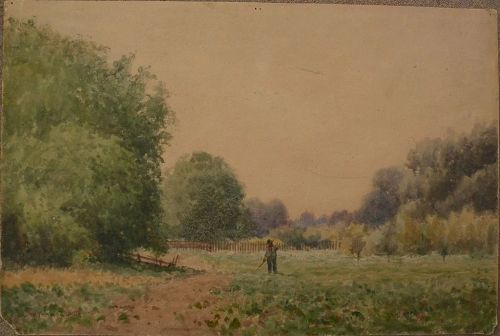 SYDNEY J. YARD (1855-1909) early California art plein air watercolor landscape painting "Working in the Field"