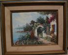 Impressionist Mediterranean painting of house on the coast‏