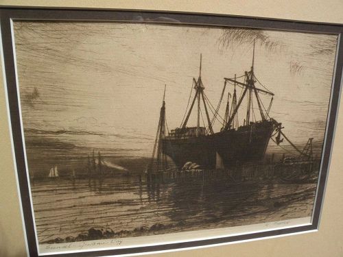 HENRY FARRER (1844-1903) American art pencil signed etching "Sunset--Gowanus Bay" New York