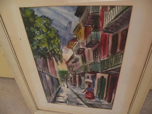 TOM LANE (1916-1991) Louisiana art watercolor painting circa 1950 of New Orleans Pirates Alley