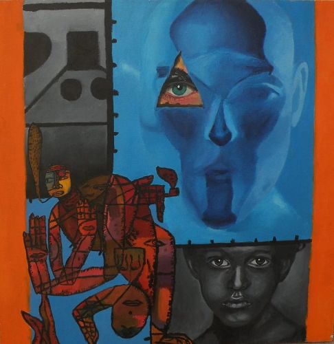 Modern art colorful surrealist-inspired painting of faces and figures