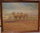 GRACE LORING BASSETT American art circa 1940 painting by illustrator artist of wild horses in a western corral