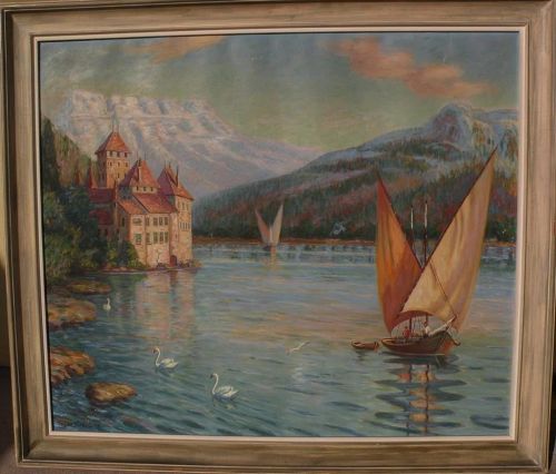 VICTOR H. NICKOL (1884-1956) large impressionist painting of Chateau de Chillon and Lake Geneva in Switzerland by noted California artist