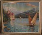 VICTOR H. NICKOL (1884-1956) large impressionist painting of Chateau de Chillon and Lake Geneva in Switzerland by noted California artist