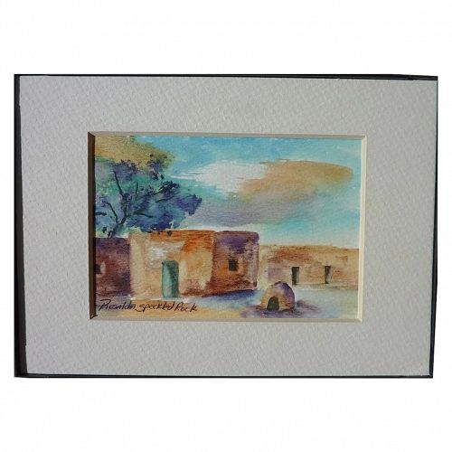 New Mexico art small watercolor painting of adobe village signed ROSALDA SPECKLED ROCK