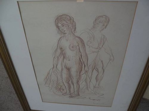 ACHILLE-EMILE OTHON FRIESZ (1879-1949) crayon drawing of two standing nudes by important French Fauvist artist