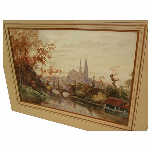 19th century French fine watercolor painting of Chartres by listed artist GABRIEL ALBERT MARIE LEFEVRE