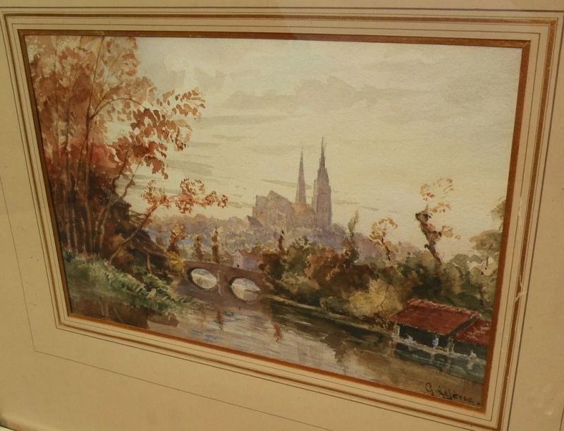 19th century French fine watercolor painting of Chartres by listed artist GABRIEL ALBERT MARIE LEFEVRE