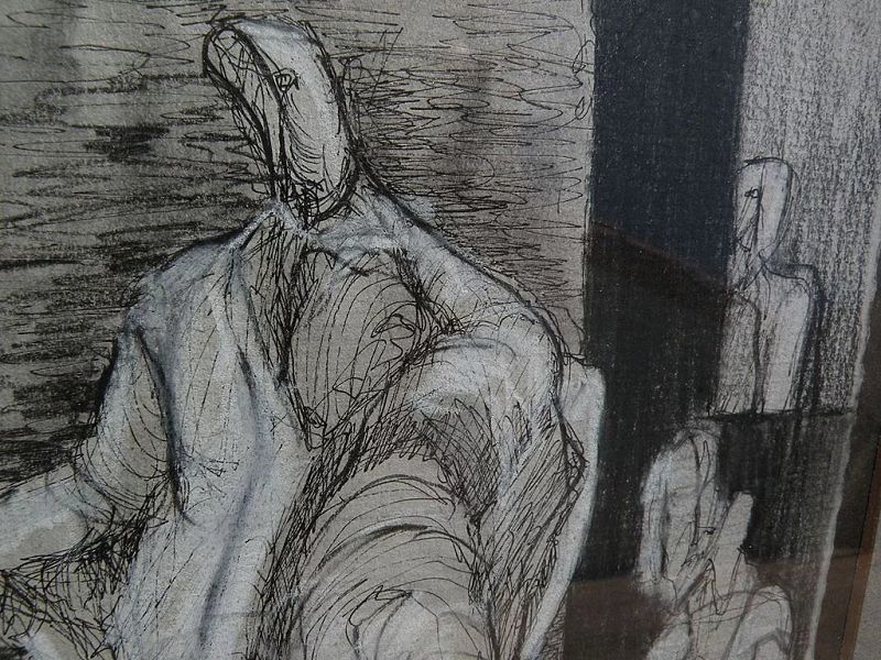 Modern pencil and ink drawing of figures in style of Henry Moore