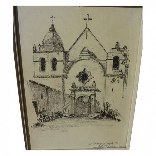 SILAS E. NELSEN (1894-1987) drawing of Mission San Carlos Borromeo at Carmel, California by noted architect