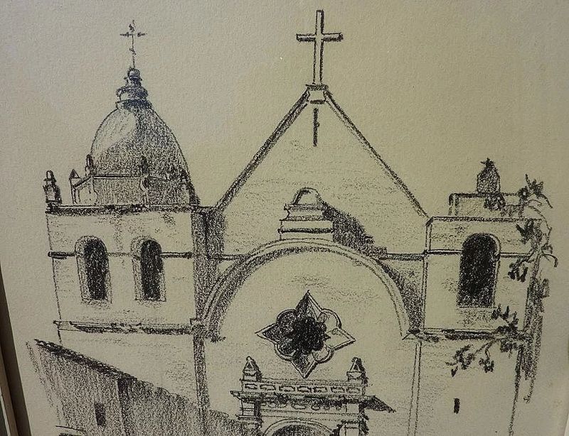 SILAS E. NELSEN (1894-1987) drawing of Mission San Carlos Borromeo at Carmel, California by noted architect