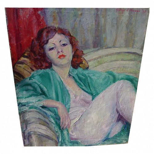 GEORGE EDGERLY HARRIS (1898-1938) oil painting of lounging attractive young red-haired woman