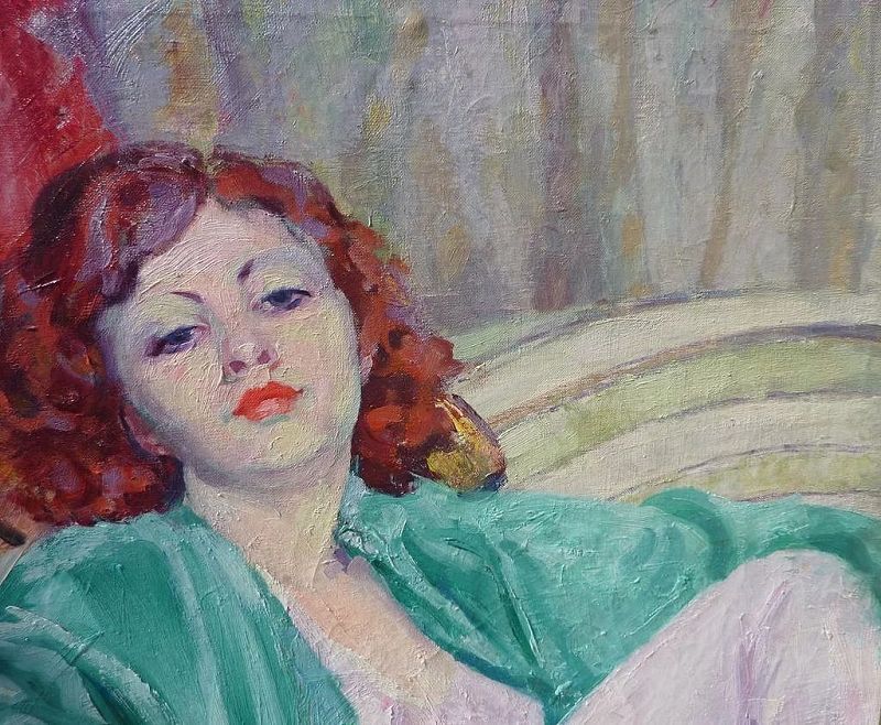 GEORGE EDGERLY HARRIS (1898-1938) oil painting of lounging attractive young red-haired woman