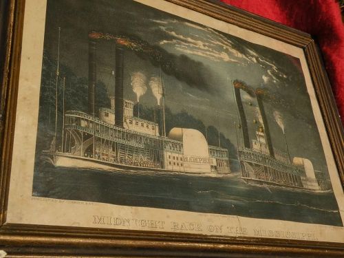 CURRIER & IVES original hand colored 1875  lithograph "Midnight Race on the Mississippi"