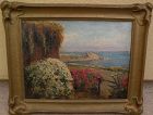 WILLIAM ADAM (1846-1931) California plein air art painting of a garden‏ by the sea