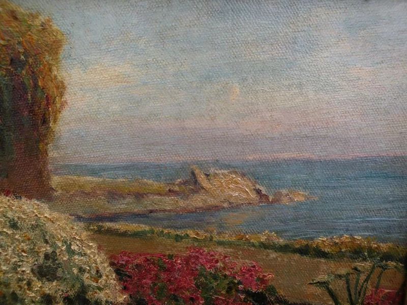 WILLIAM ADAM (1846-1931) California plein air art painting of a garden‏ by the sea