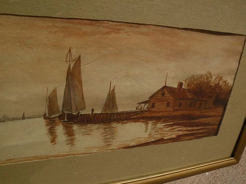 Antique American watercolor painting boats at the coast