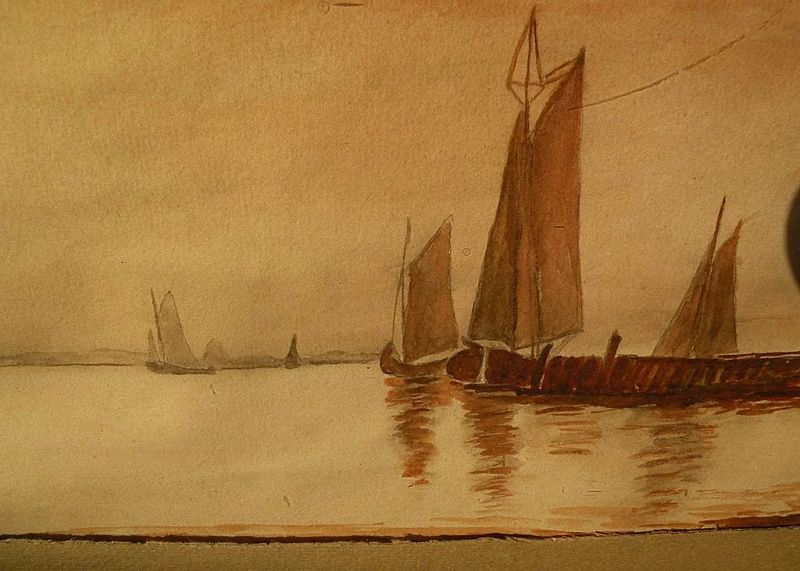 Antique American watercolor painting boats at the coast