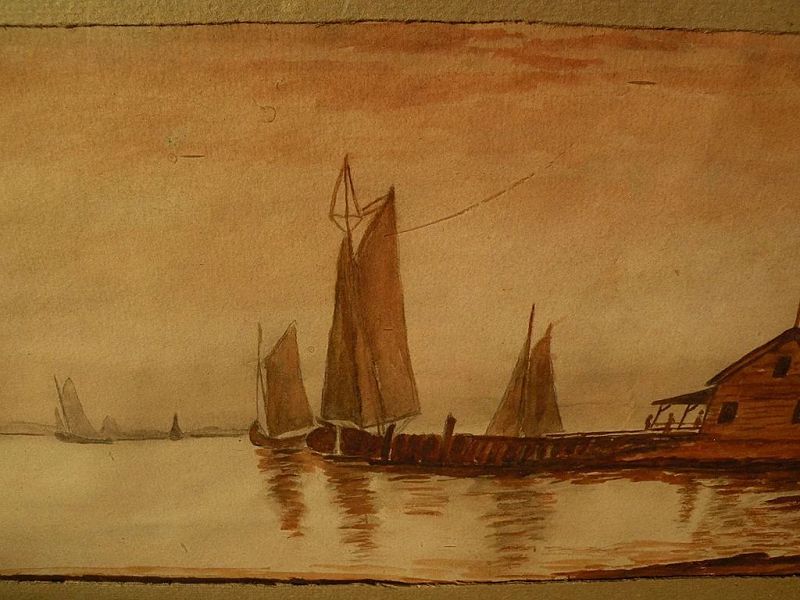 Antique American watercolor painting boats at the coast