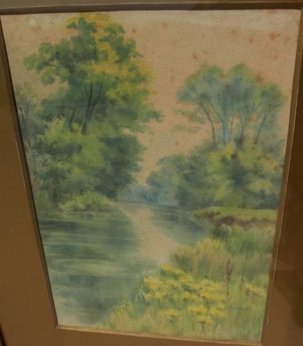 English circa 1900 signed watercolor landscape painting of creek and trees in summer