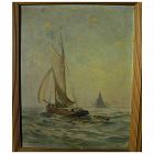 HENDRICKS A. HALLETT (1847-1921) American oil painting of small sailing boat on calm sea