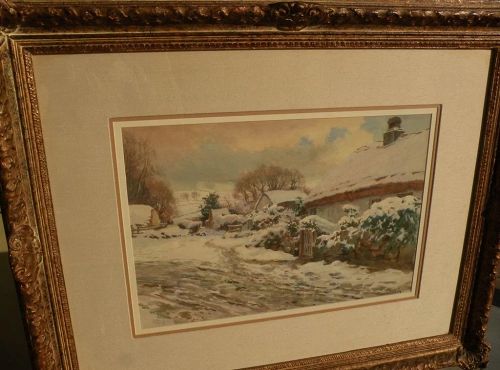 THOMAS ELLISON (1866-1942) English art fine watercolor painting of rural cottages in snowy landscape