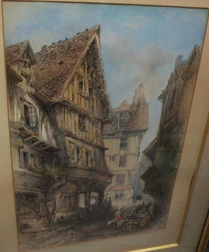 THOMAS COLMAN DIBDIN (1810-1893) fine watercolor of Normandy town scene by accomplished English artist