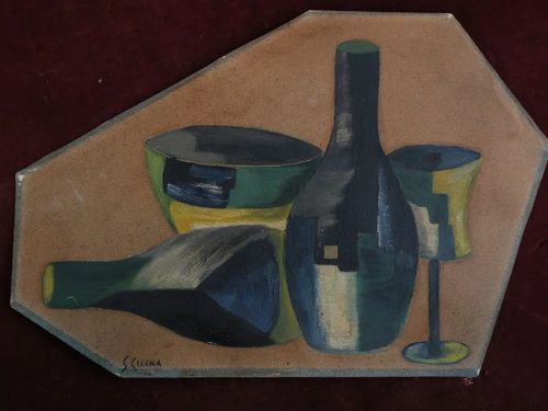 Cubist tabletop still life art signed by possibly Polish artist circa 1940