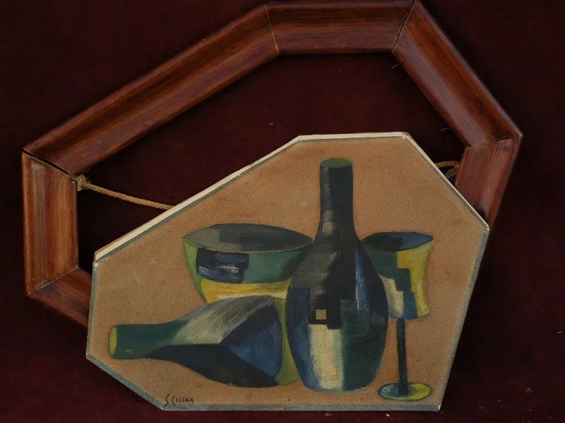 Cubist tabletop still life art signed by possibly Polish artist circa 1940