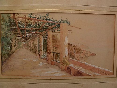 Signed circa 1900 watercolor painting of Amalfi coast scene in Italy