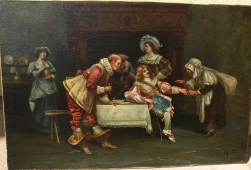 Italian 1902 antique painting musketeers in interior signed R. J. BERTINI