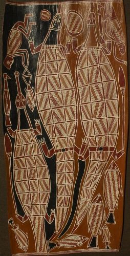 Australian aboriginal art eucalyptus bark painting by GEORGE ANARAGAYURA (1934-)