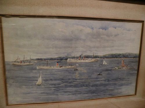 American art circa 1900 beautiful watercolor painting of ships in harbor