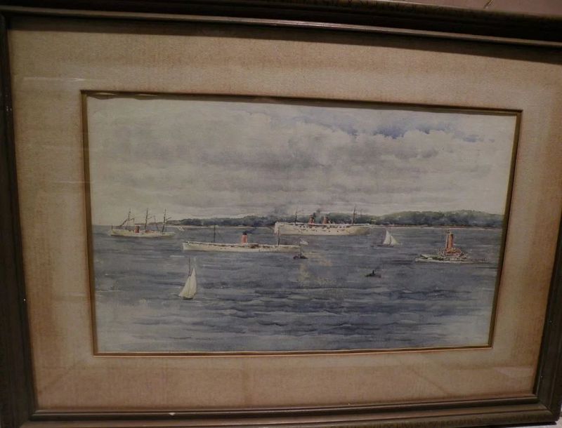 American art circa 1900 beautiful watercolor painting of ships in harbor