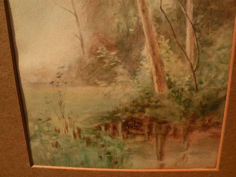 Vintage American art watercolor painting trees by lake or pond