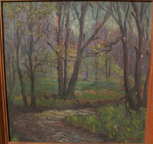 American art 1927 impressionist forest landscape painting signed MOORE