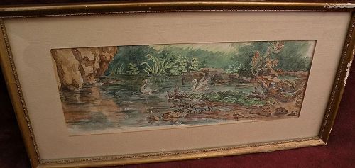 Circa 1800 English or American old ink and watercolor drawing of swans in a pond