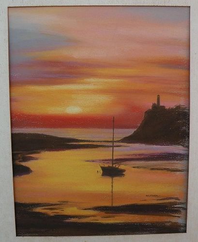 Pastel drawing boat and lighthouse at sunset