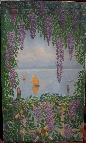 Decorative signed large landscape painting Italian lake framed by wisteria