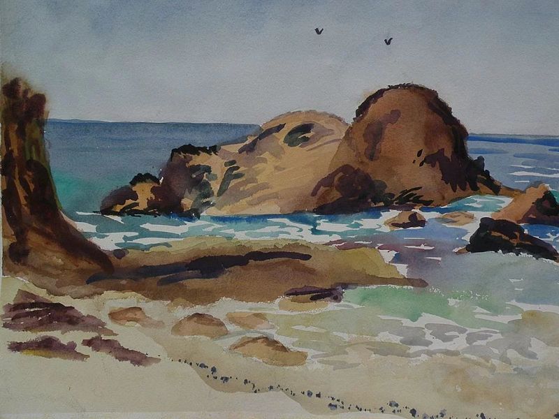 Impressionist American watercolor painting of the seashore
