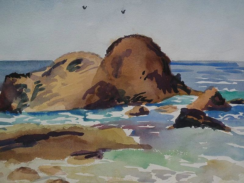 Impressionist American watercolor painting of the seashore