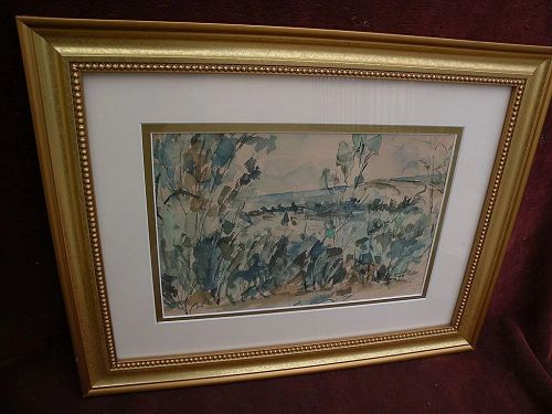 Vintage watercolor landscape painting on old paper