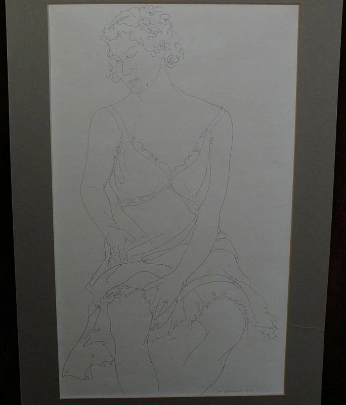 Original signed contemporary pencil drawing of a seated woman dated 1979