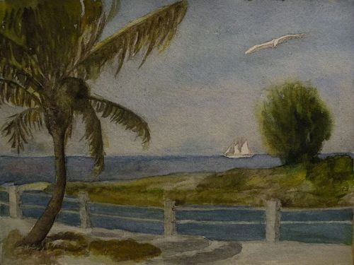 Vintage tropical art watercolor painting palms and boats in Bimini Bahamas