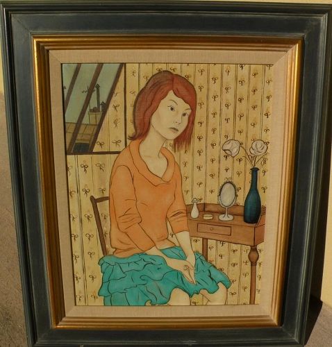 Contemporary French painting of seated young woman in interior style of Philippe Noyer