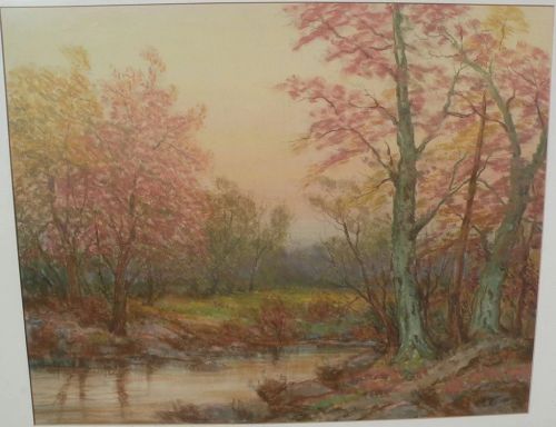Impressionist signed large drawing autumn forest with lake or pond