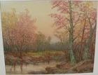 Impressionist signed large drawing autumn forest with lake or pond