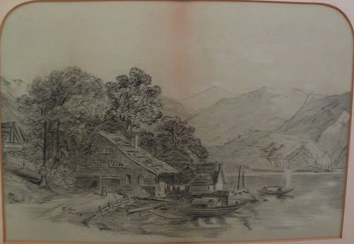 Nineteenth century signed drawing of house by a lake with boats dated 1893