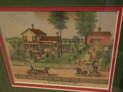 Small 19th century hand colored American print farm estate folk art style